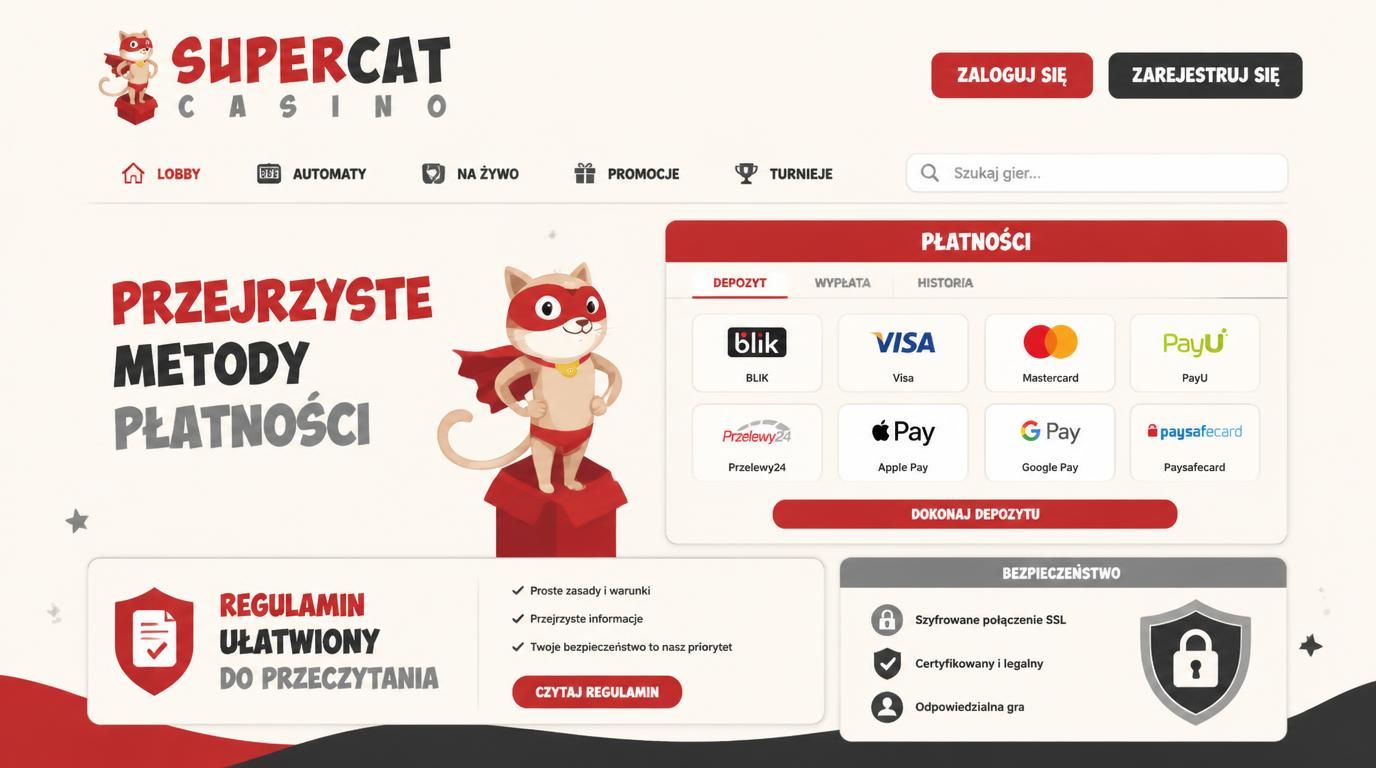 Panel kasyna z metodami płatności i regulaminem widać od razu, bez zbędnych szumów