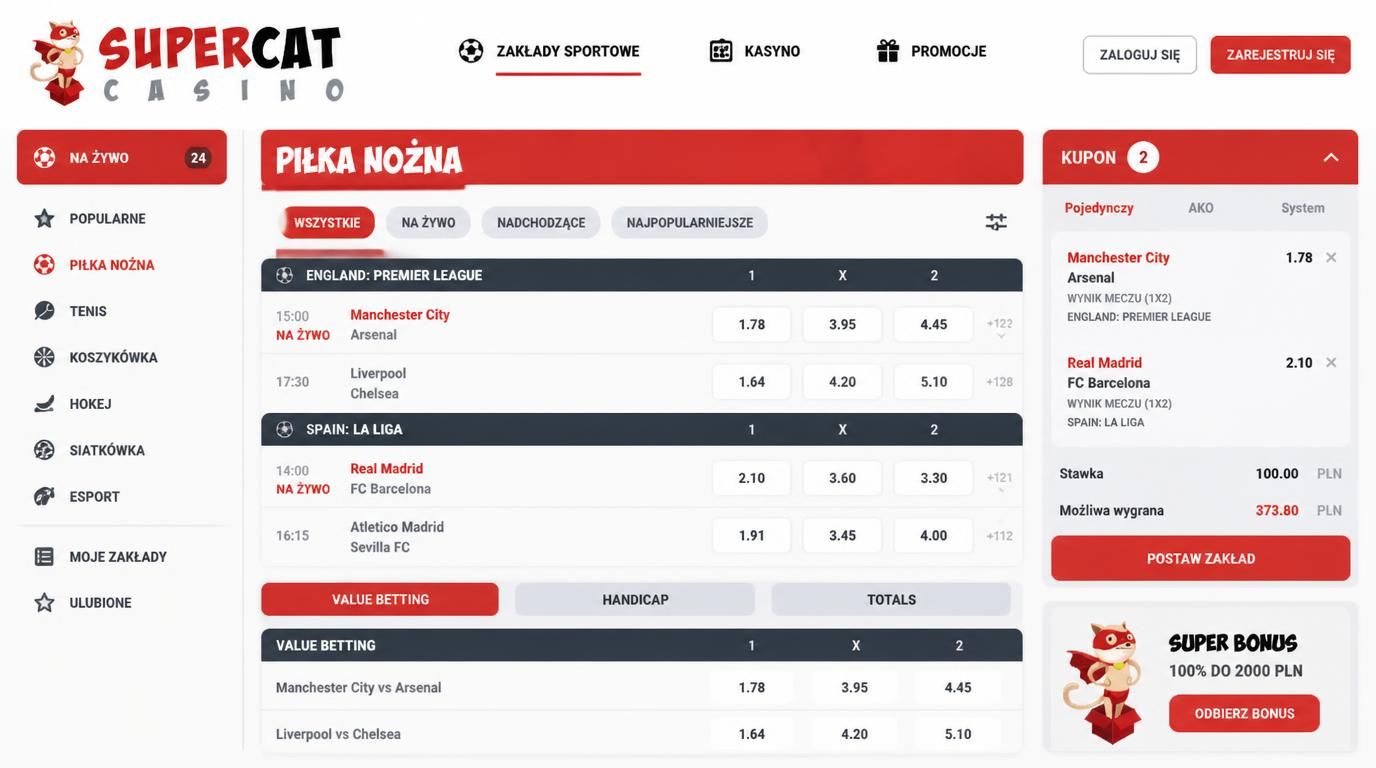 Ekran zakładów sportowych z kursami, rynkami typu handicap i totals