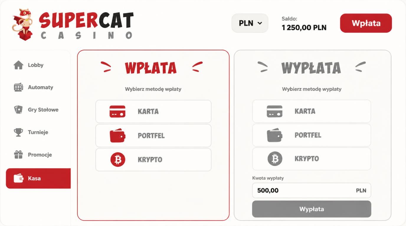 Widok metod płatności, wypłat z opcją waluty PLN
