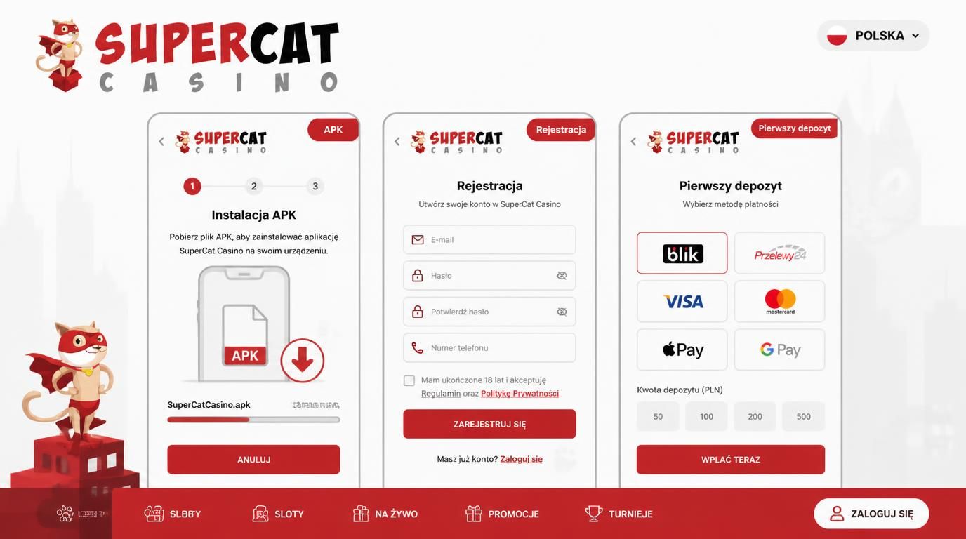 Ekran instalacji APK, formularza konta i zakładania pierwszej wpłaty